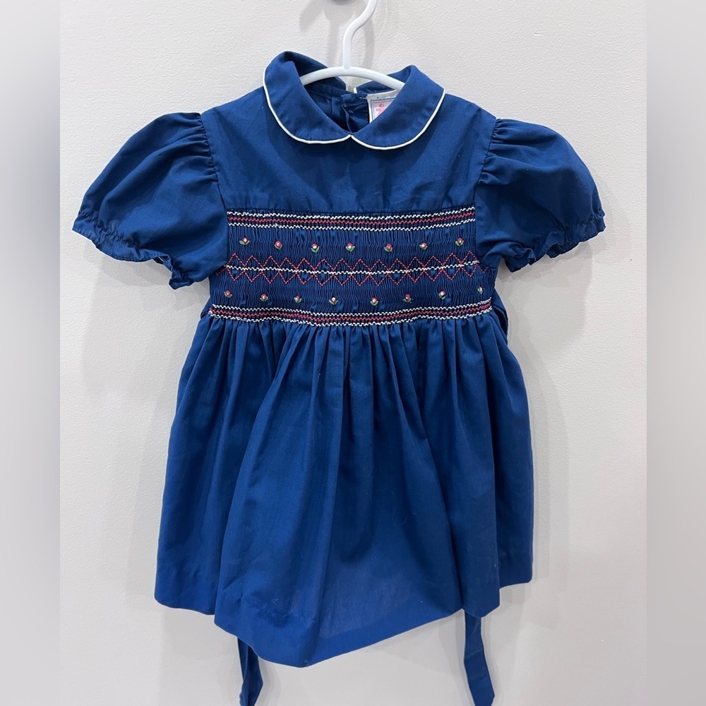 Vintage 2T Smocked Dress Navy Blue Puff Sleeve Peter Pan Collar